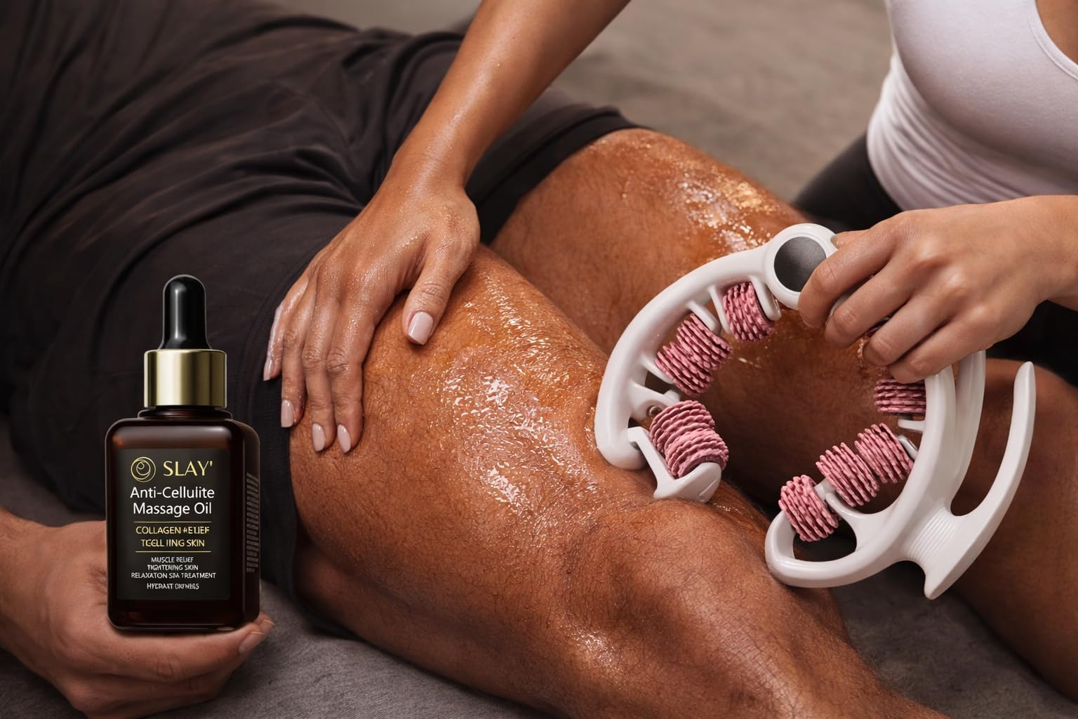 SLAY' Anti Cellulite Massage Roller & Body Oil Bundle, Lymphatic Drainage Roller, Cellulite Remover for Legs and Arms, Deep Tissue Massage Relief, Self Care Gifts, Womans Gifts