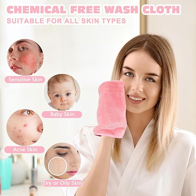 PHOGARY 6 Pack Microfiber Face Washcloths Facial Wash Mitts, 7.8"x5.1" Soft Flannel Towel for Washing Face, Reusable Makeup Remover Absorbent Easy-Dry Puffy Washcloths with Hanging Loop, Pink