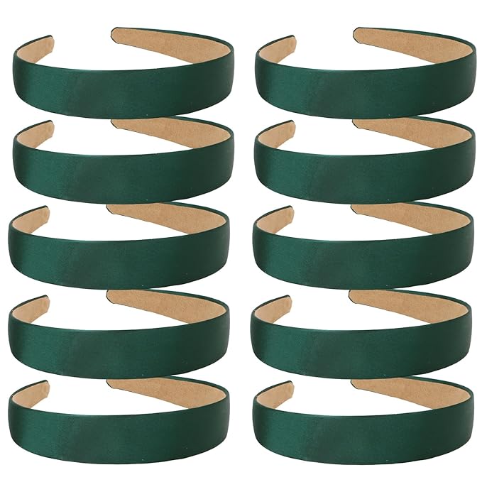 Wecoe 10 Pack Dark Green Headbands 1 Inch Wide Satin Headbands Women Non Slip Fashion Plain Head Bands Solid Hair Bands DIY St. Patrick's Day Hair Accessories for Women Girls Diademas Para Mujer