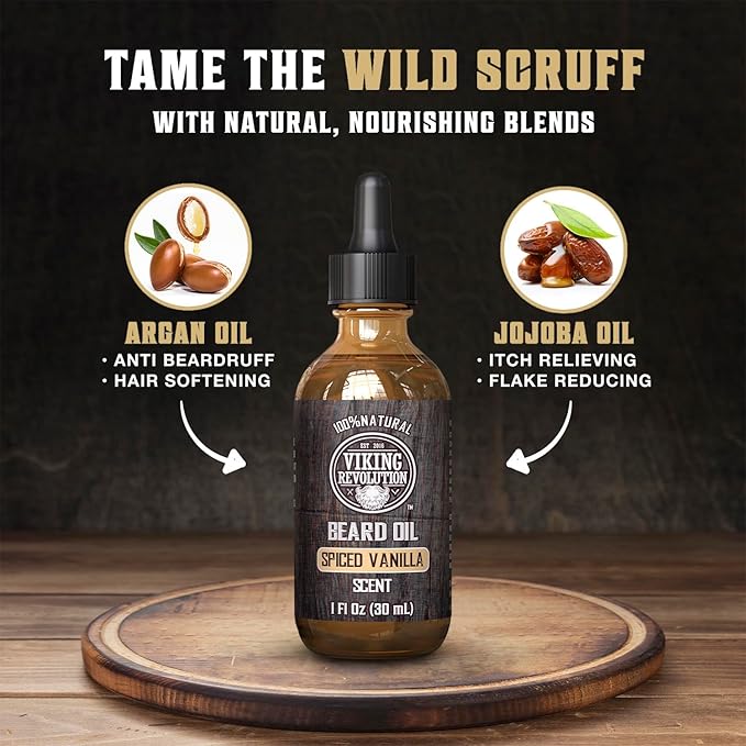 Viking Revolution Ultimate Conditioner for Men's Beard Grooming - Softens, Smoothes and Soothes - Contains Beard Wash and Conditioner (5oz Set), Beard Oil, Balm and Wooden Comb - Spiced Vanilla Scent
