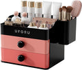 UFORU Makeup Organizer for Vanity with Brush Holder, Countertop Skincare Organizer with 2 Drawers, Spacious Cosmetic Display Case for Perfumes, Eyeshadow Palettes, Nail Polishes