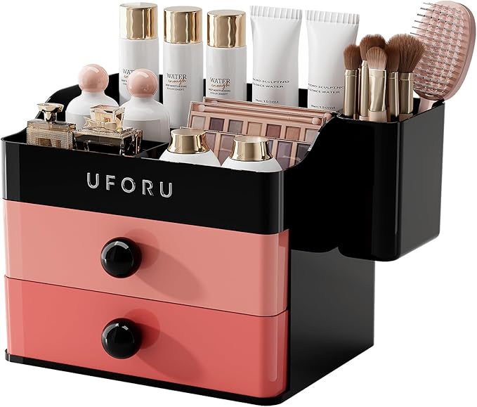 UFORU Makeup Organizer for Vanity with Brush Holder, Countertop Skincare Organizer with 2 Drawers, Spacious Cosmetic Display Case for Perfumes, Eyeshadow Palettes, Nail Polishes