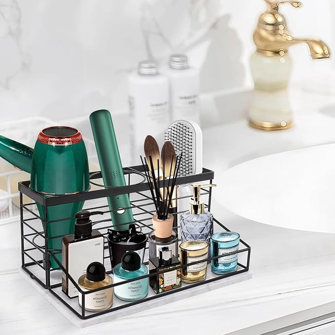 Siyzda Hair Tool Organizer, Movable Hair Dryer Holder, Hair Styling Tools Storage for Vanity, Bath Counter Organizer, Bathroom Trays for Hair Toiletry, Makeup (12" x 7.7" x 5.8", Marble-Black)