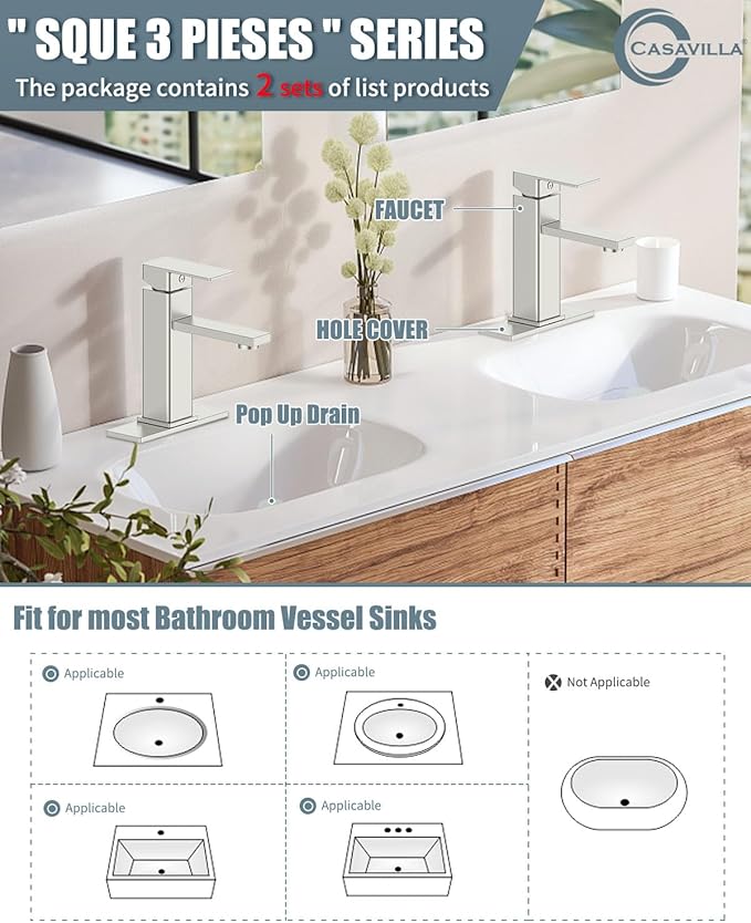 Bathroom Faucet-2 Sets, Brushed Bathroom Sink Faucets with Pop-up Drain and 6 Inch Deck Plate, Single Handle Modern Farmhouse RV Vanity Faucet for Vessel Sink (1~3 Holes)