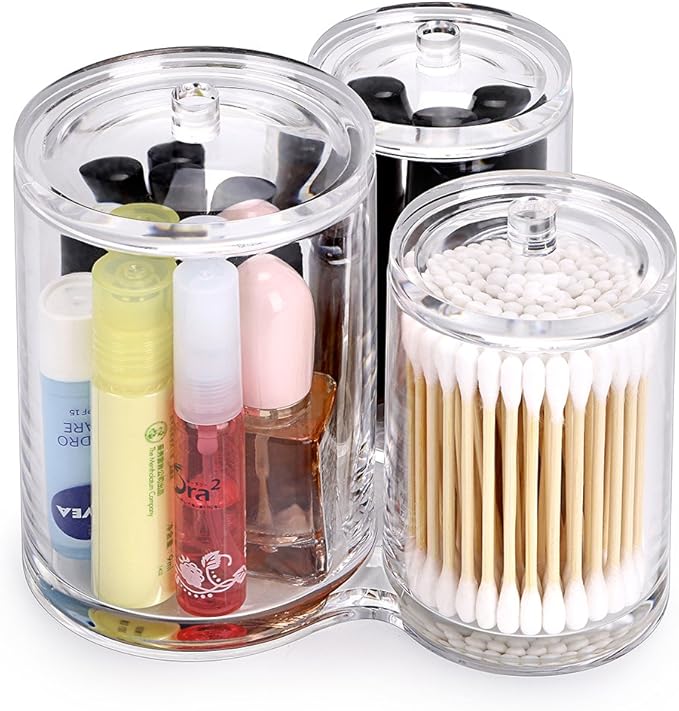 Hipiwe Clear Acrylic Cotton Swab Holder Preminm Quality Round Container Cotton Pad Q-tip Organize Case for Make Up Brush Clear Apothecary Jar