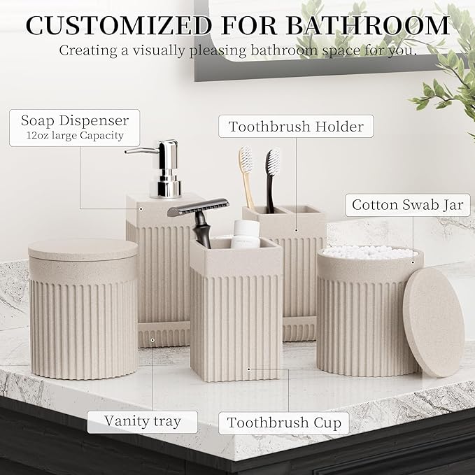 InnJoey 6-Piece Beige Bathroom Set - Sleek Resin Bathroom Accessories Set with Soap Dispenser, Toothbrush Holder, Vanity Tray, Tumbler & Apothecary Jars for Small Spaces