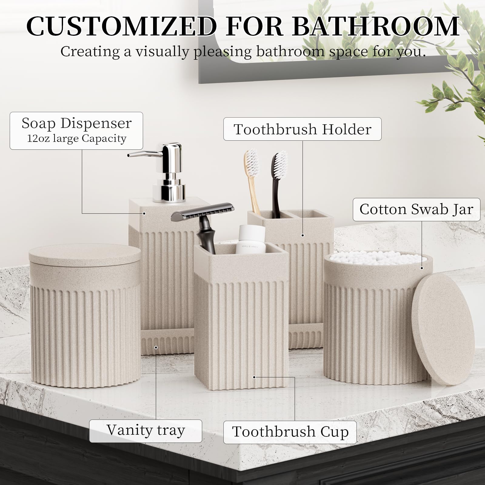 InnJoey 6-Piece Beige Bathroom Set - Sleek Resin Bathroom Accessories Set with Soap Dispenser, Toothbrush Holder, Vanity Tray, Tumbler & Apothecary Jars for Small Spaces