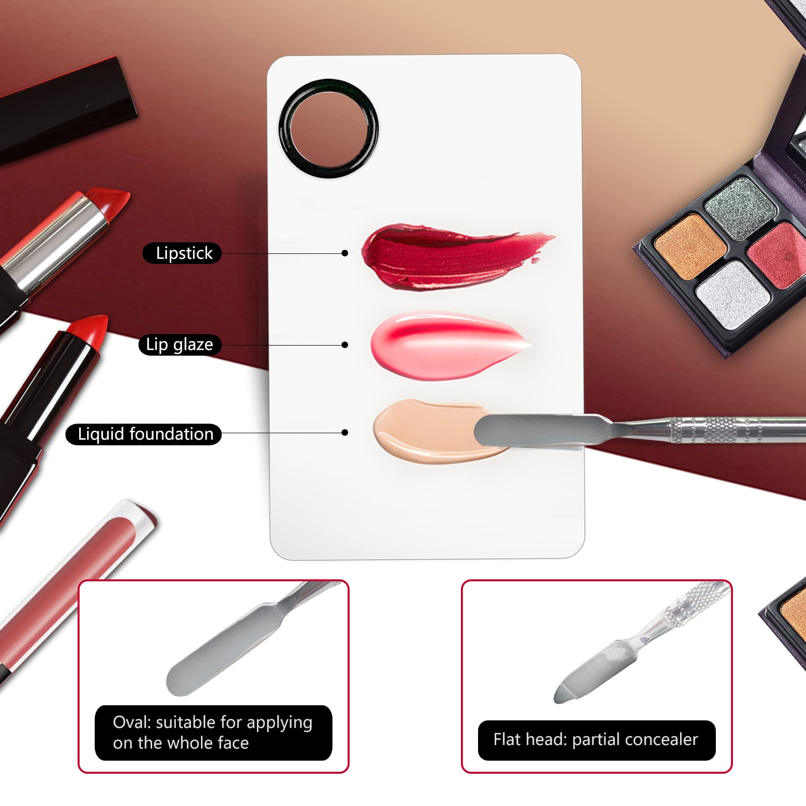 Banugo Stainless Steel Makeup Mixing Palette - 2Pcs, Includes Spatula, For Foundation/Eye Shadow/Mascara/Nail Polish/Pigment/Nail Art