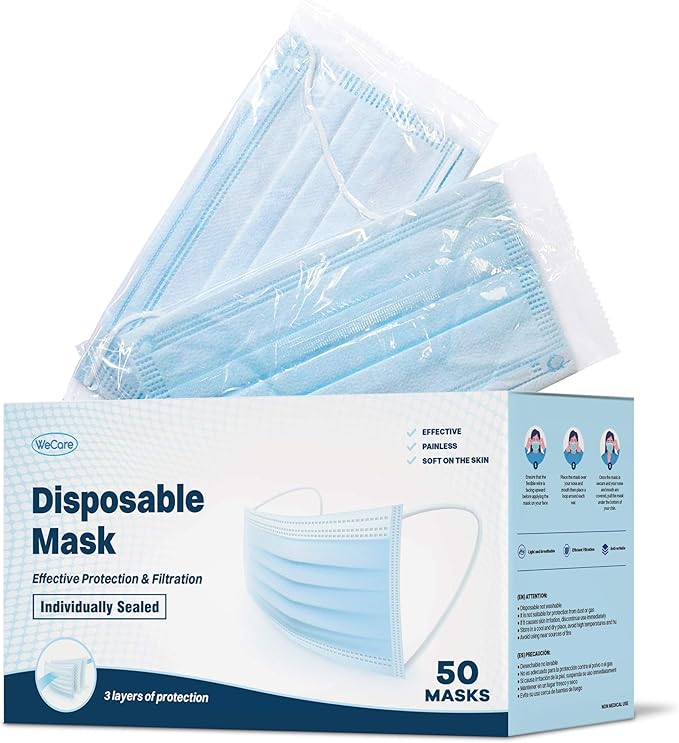 WECARE Disposable Face Mask Individually Wrapped - 50 Pack, Blue Masks 3 Ply