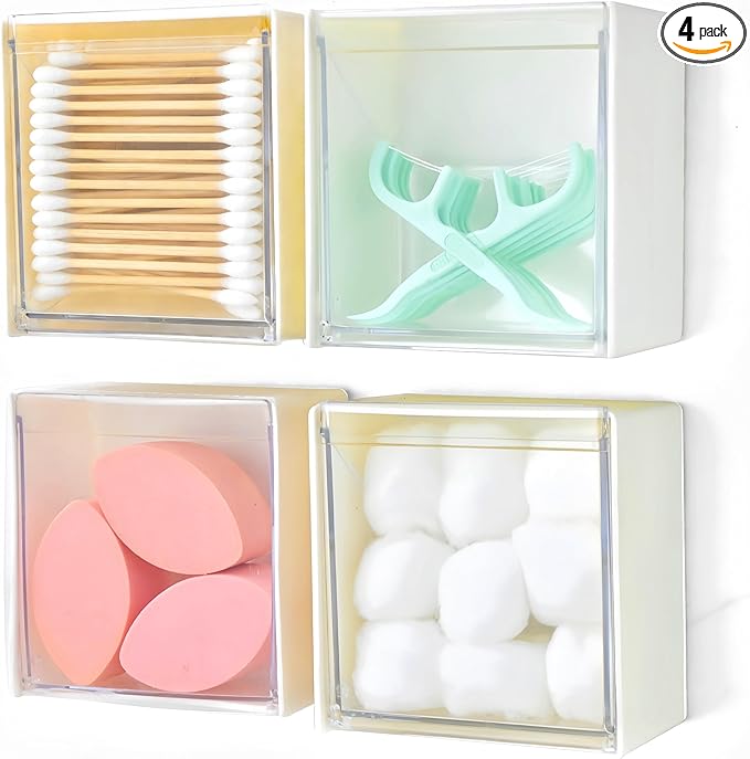 Josphlies Qtip Holder Wall Mount for Cotton Swabs, Balls, Pads, Hair Ties,Floss Picks- Small Plastic Bathroom Wall Organizers and Storage Set,Bedside Shelf,Home Decor,Dorm Room Essentials (4)