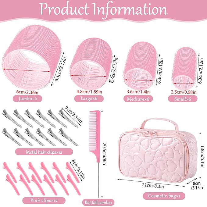Obeoby 4 Sizes Hair Rollers with Gift Makeup Bag, Pink Rollers Hair Curlers for Long, Short Hair and Bangs Women Girls, Birthday Mothers Day Gifts