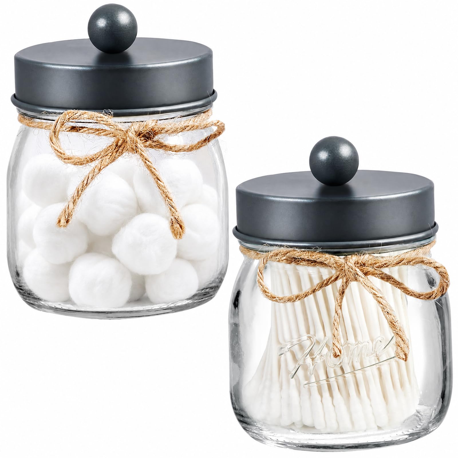 SheeChung 2 Pack Qtip Holder, Bathroom Jars, Cotton Swab Holders, Cute Mason Jars Bathroom Shelf Decor for Cotton Balls, Floss Picks - Vintage Gray