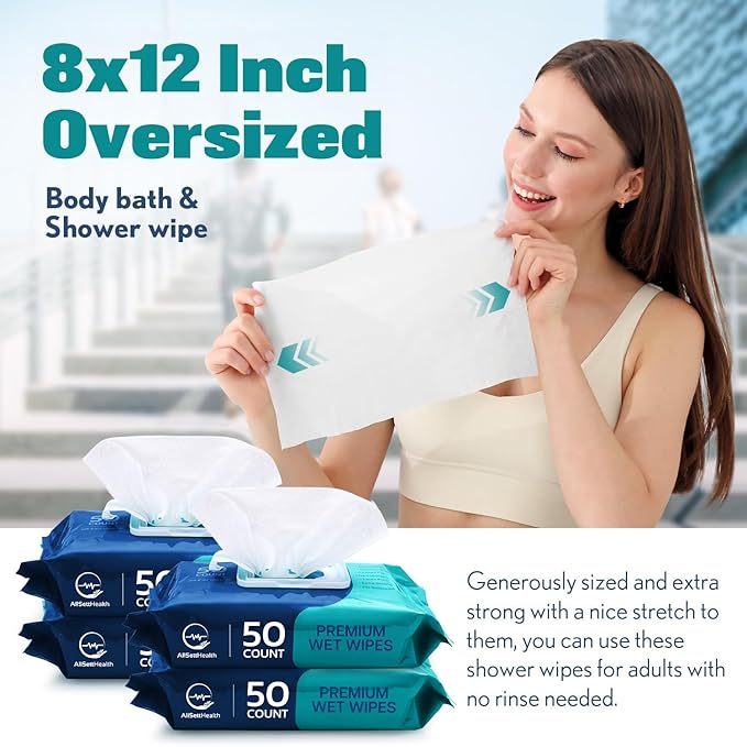 Body Wipes for Adults - XL Wet Wipes 8"x 12"(50 count) | Rinse Free Bathing Wipes - Wash Cloths for incontinence, Disposable Washcloths with Aloe Vera and Vitamin E - Camping, Elderly, Bathing