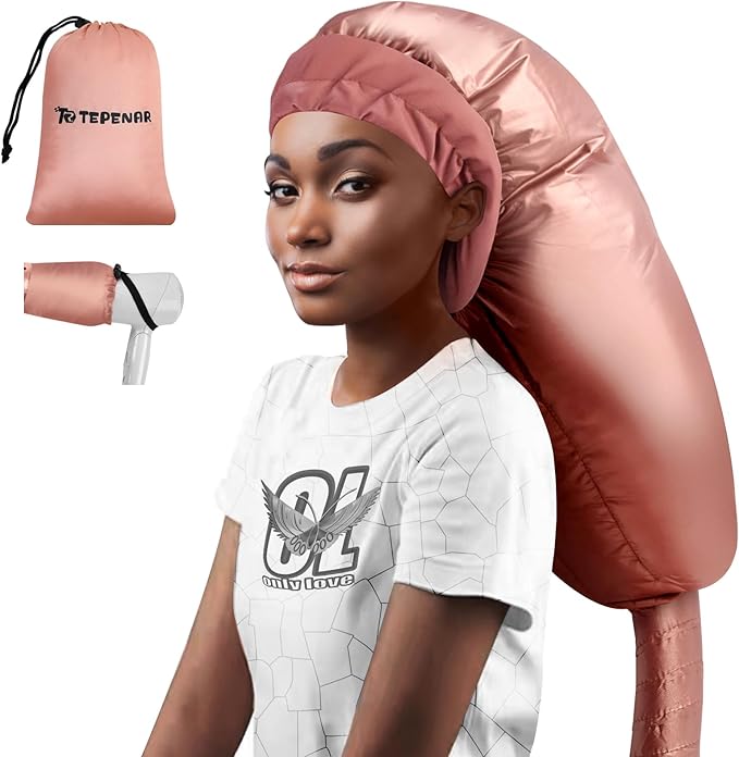 TEPENAR Hair Dryer Bonnet Attachment: Upgraded Extra Large Hooded Dryer Adjustable Hair Dryer Caps - Easy to Use for Natural Curly Textured Hair Care Styling Fast Drying - Rose Gold