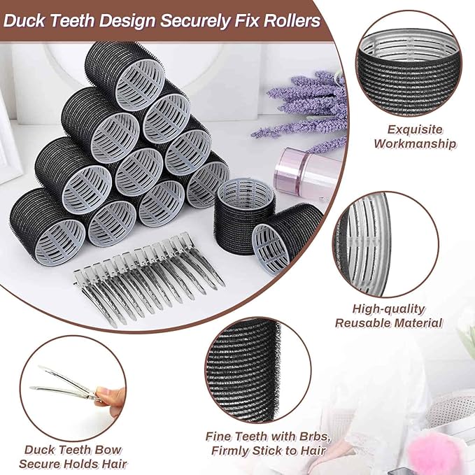 Large Hair Rollers Set - 24 Pieces with 12 Jumbo Rollers and 12 Clips for Long Thick Hair Volume (Black)