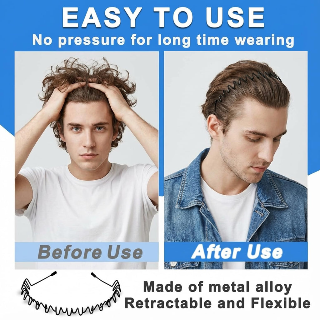 KELUBATU Metal Headband for Men,Zig Zag Wire Hair Band,Non Slip 2 Pcs