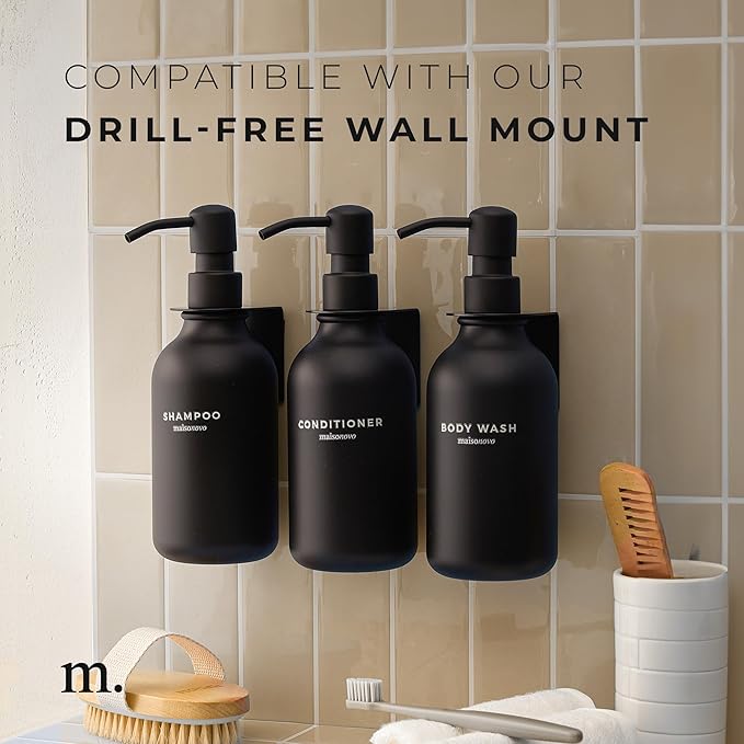 Shampoo and Conditioner Bottles Set of 3 Black – Shower Shampoo Dispenser – Hotel Style Bathroom Upgrade by MaisoNovo