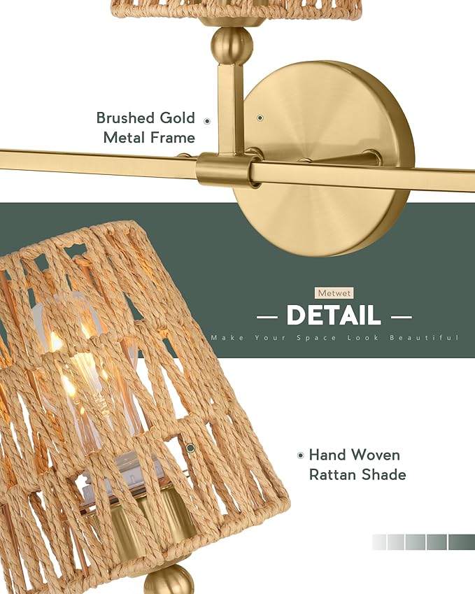3-Light Bathroom Light Fixtures, Brushed Gold Rattan Vanity Lights with Flared Handwoven Shade, Boho Wall Sconce, Farmhouse Sconces Wall Lighting for Hallway Bedroom, VL837-BG-RA-3