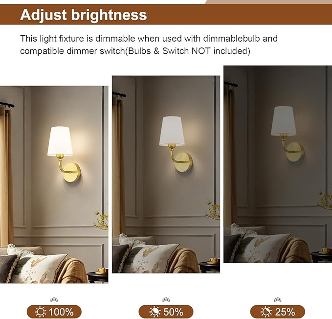 Modern Wall Sconces Set of 2, Hardwired Wall Lights with Flared White Fabric Shade, Brushed Gold Wall Lamps for Bedroom Bedside Stairway Bathroom Living Room(ETL Listed)
