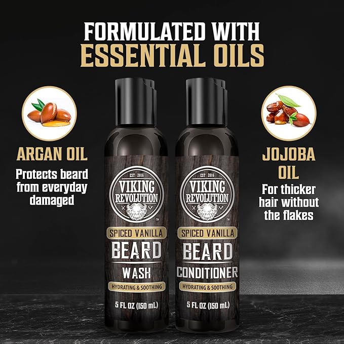 Viking Revolution Ultimate Conditioner for Men's Beard Grooming - Softens, Smoothes and Soothes - Contains Beard Wash and Conditioner (5oz Set), Beard Oil, Balm and Wooden Comb - Spiced Vanilla Scent