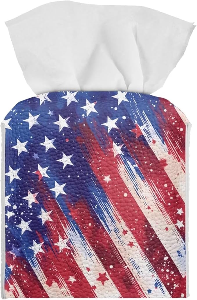 American Flag Tissue Box Cover, PU Leather Square Tissue Holder with Secure Metal Button, Waterproof and Stylish Napkin Dispenser for Home, Office, Car, and Bathroom Decor