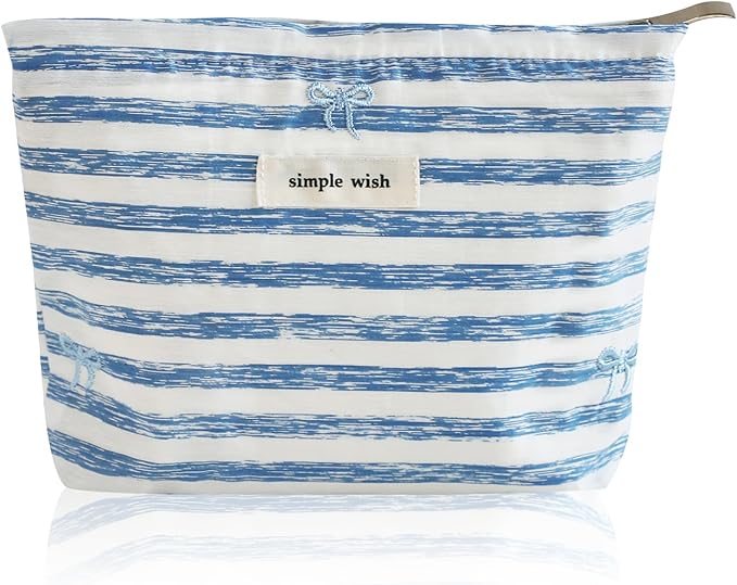 Wudygirl Makeup Bag Travel Cosmetic Bag for Women Small Makeup Pouch with Handle Zipper Cosmetic Pouch Handbag Aesthetic 8.3" x 5.9"(Striped Bow)