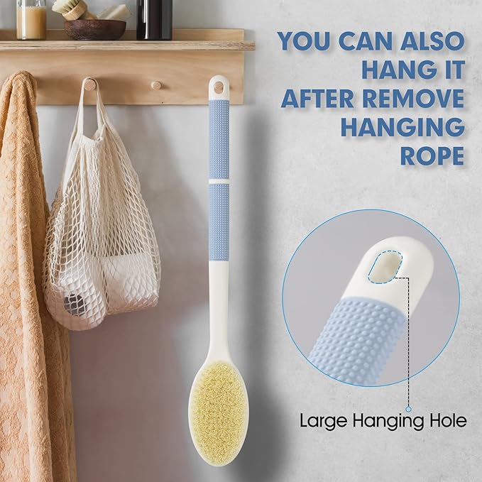 Wonsagain Back Scrubber Anti Slip Long Handle for Shower, Dual-Sided Back Brush with Stiff and Soft Bristles,Body Exfoliator for Bath or Dry Brush.