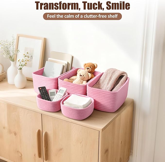 VIRETH HAUS 5-Pack Small Woven Rope Storage Baskets – 2 Sizes Organizer Bins for Closet, Shelf, Bookshelf, Nursery, Changing Table, Fabric Cube Boxes, Rectangular Shallow Bins for Bathroom, Toy & Home