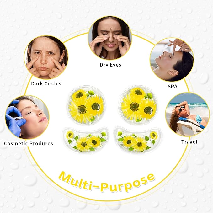 4PCS Gel Eye Ice Pack Set, Cold & Hot Compress, Reusable Cooling Gel Pads for Strain Relief, Swelling, Dark Circles, Redness, Puffy Eyes, Surgery Recovery(4 Yellow flowers)