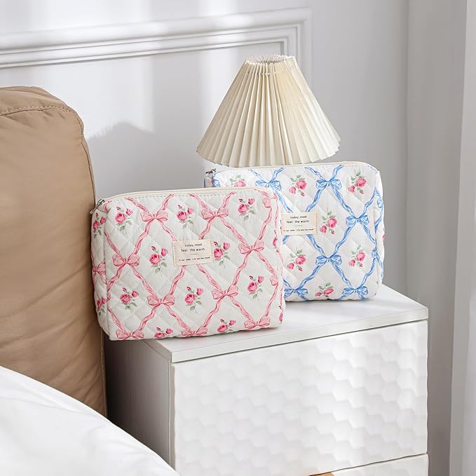 uekeboag 3Pcs Quilted Cotton Makeup Bag,Coquette Quilted Toiletry Bag for Women and Girls,Floral Coquette Pouch,Cute Kawaii Travel Cosmetic Bags(3Pcs Pink Bow)