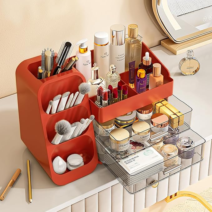 Booklov Large Makeup Organizer for Vanity Countertop, Red