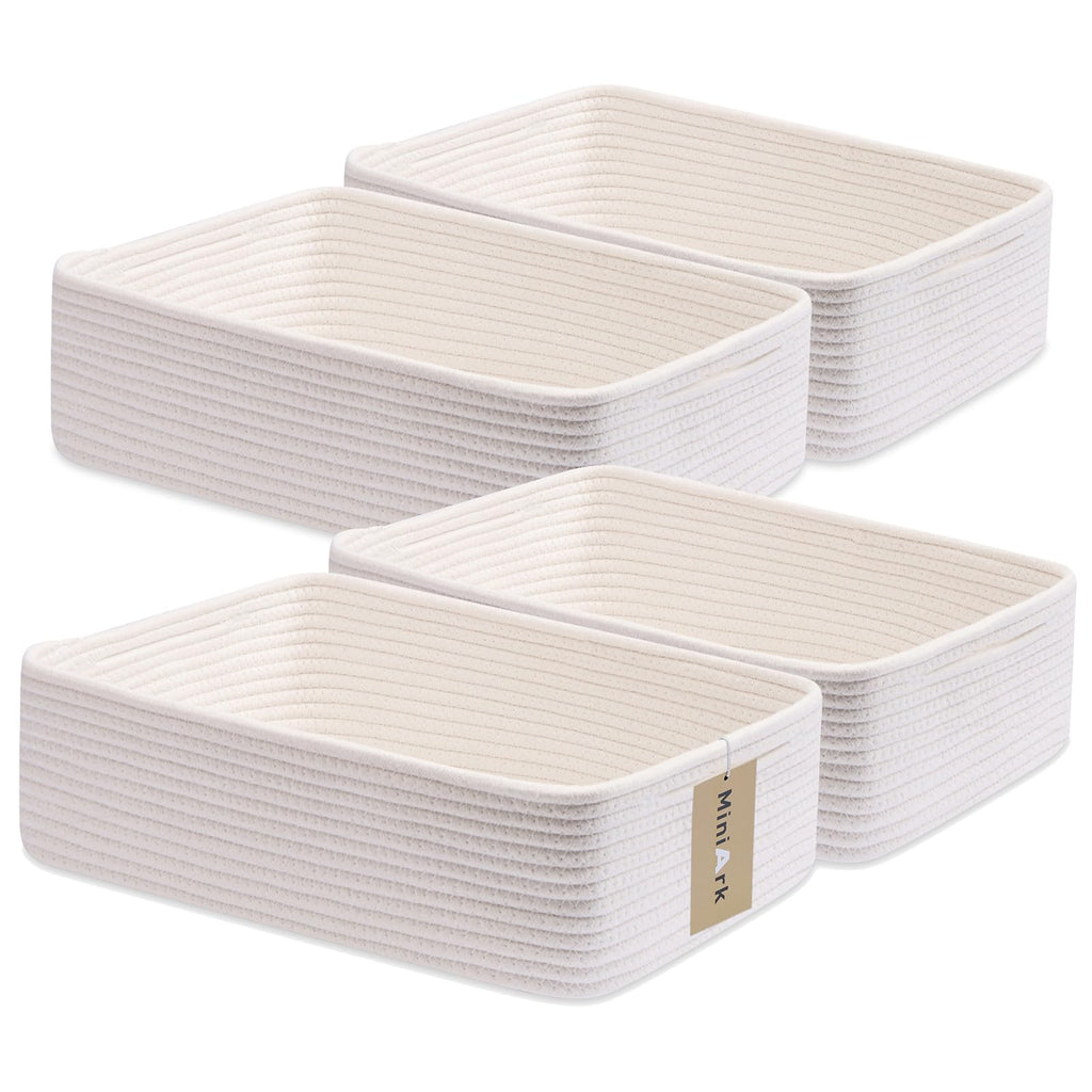 MiniArk Large Shallow Organizing Baskets 15x11x5.1 Inches - Rope Woven Storage Bins for Bathroom, Shelves, Cube Closet, Off White 4 Packs