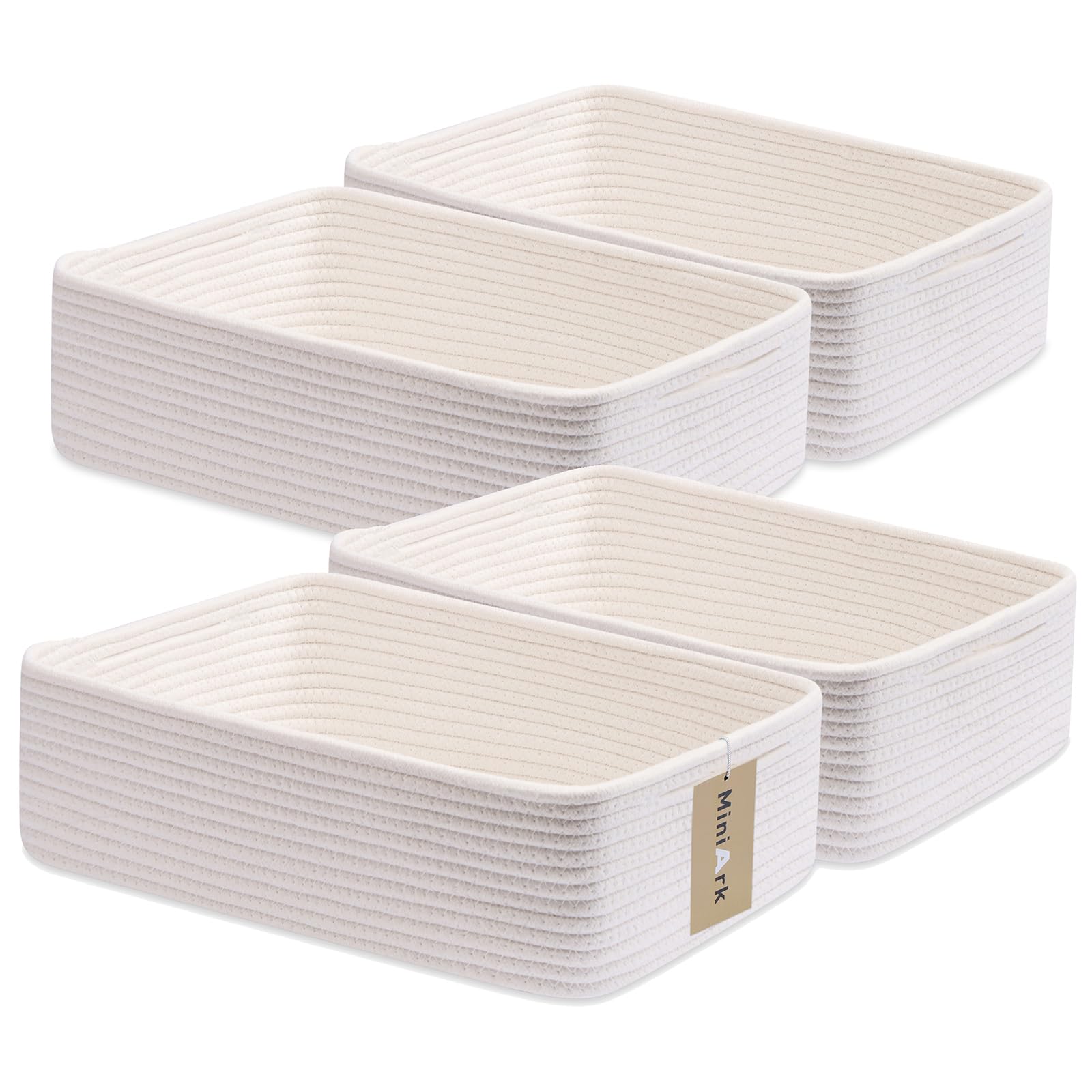 MiniArk Large Shallow Organizing Baskets 15x11x5.1 Inches - Rope Woven Storage Bins for Bathroom, Shelves, Cube Closet, Off White 4 Packs