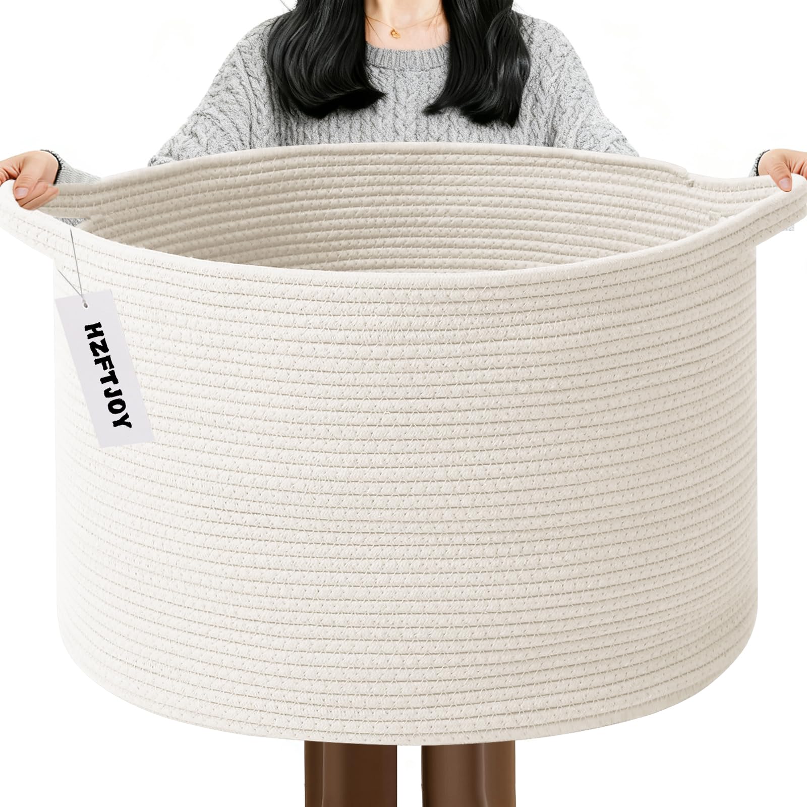 HZFTJOY 115L Extra Large Woven Cotton Rope Blanket Basket-White