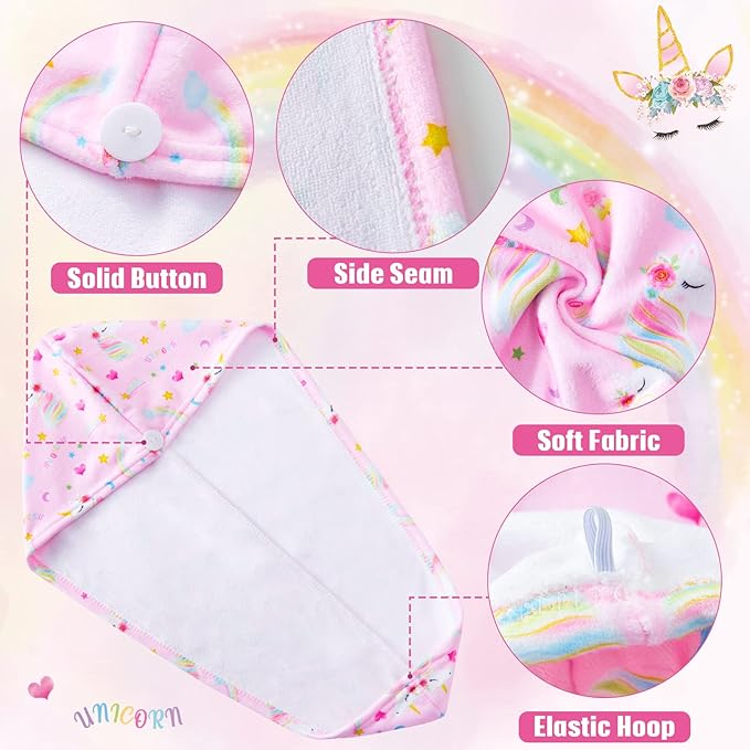 2 Pack Kids Microfiber Hair Drying Towel Wrap - Unicorn Hair Drying Turban for Girls & Women - Rapid Drying