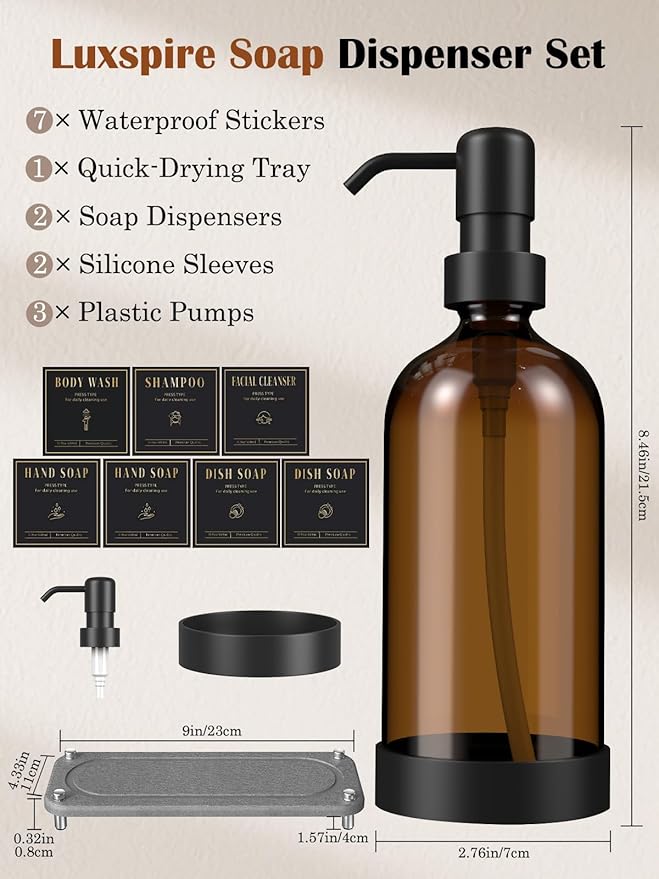 Luxspire Soap Dispenser Set, Hand Soap Dispensers with Fast Drying Tray, 17 oz Glass Refillable Liquid Bottle for Bathroom & Kitchen, Kitchen, 2 Pack, Brown + Dark Gray