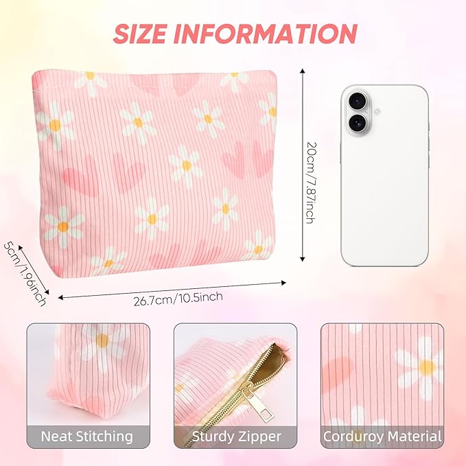 Ksriylm Cute Heart Flower Makeup Pouch for Women Small Make Up Bag for Purse Zipper Initial Makeup Cosmetic Bags Pouches for Purse Aesthetic Travel Toiletry Bags, Pink Floral Hearts