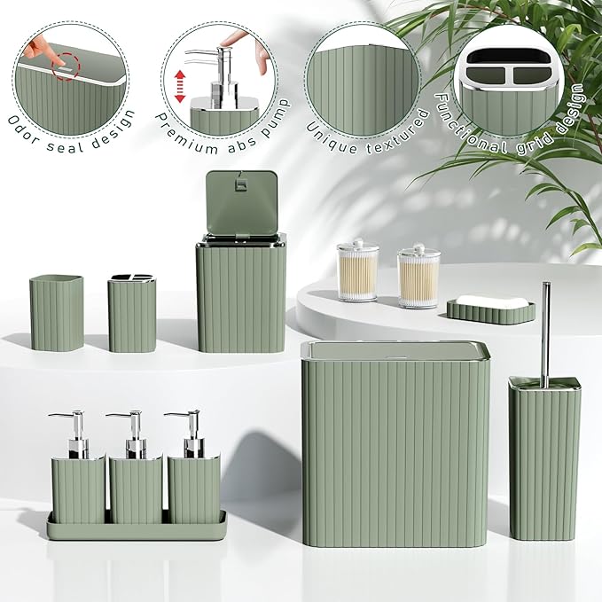 InnJoey Bathroom Accessory Set - Bathroom Sets with Shower Curtain and Rugs, Sage Green Bathroom Set, 27PC Bathroom Accessories Set, Mini Trash Can, Toilet Brush, Trash Can & Soap Dispenser