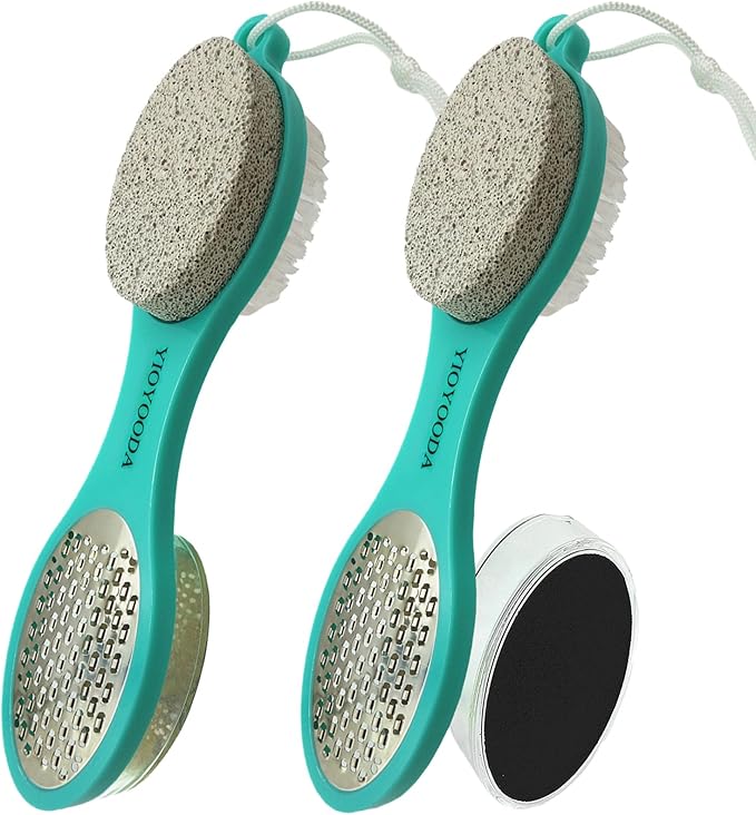 YIOYOODA Foot File Callus Remover 5-in-1, 2 Pcs Feet Scraper Pedicure Tools with Pumice Stone, Scrubber Brush, Stainless Steel Foot Rasp and Sand Paper Debris Catcher, Multi Purpose, Cyan
