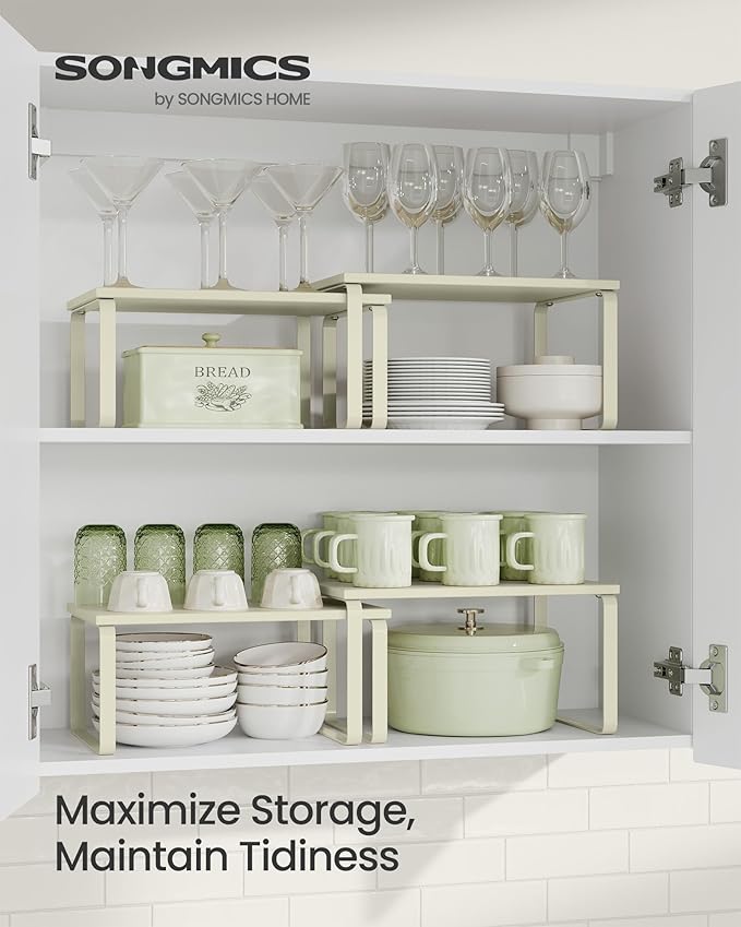 SONGMICS Cabinet Organizer Shelf, Set of 2 Kitchen Counter Shelves, Kitchen Storage, Spice Rack, Stackable, Expandable, Metal and Engineered Wood, 11.7 Inches, Cream White UKCS002W02
