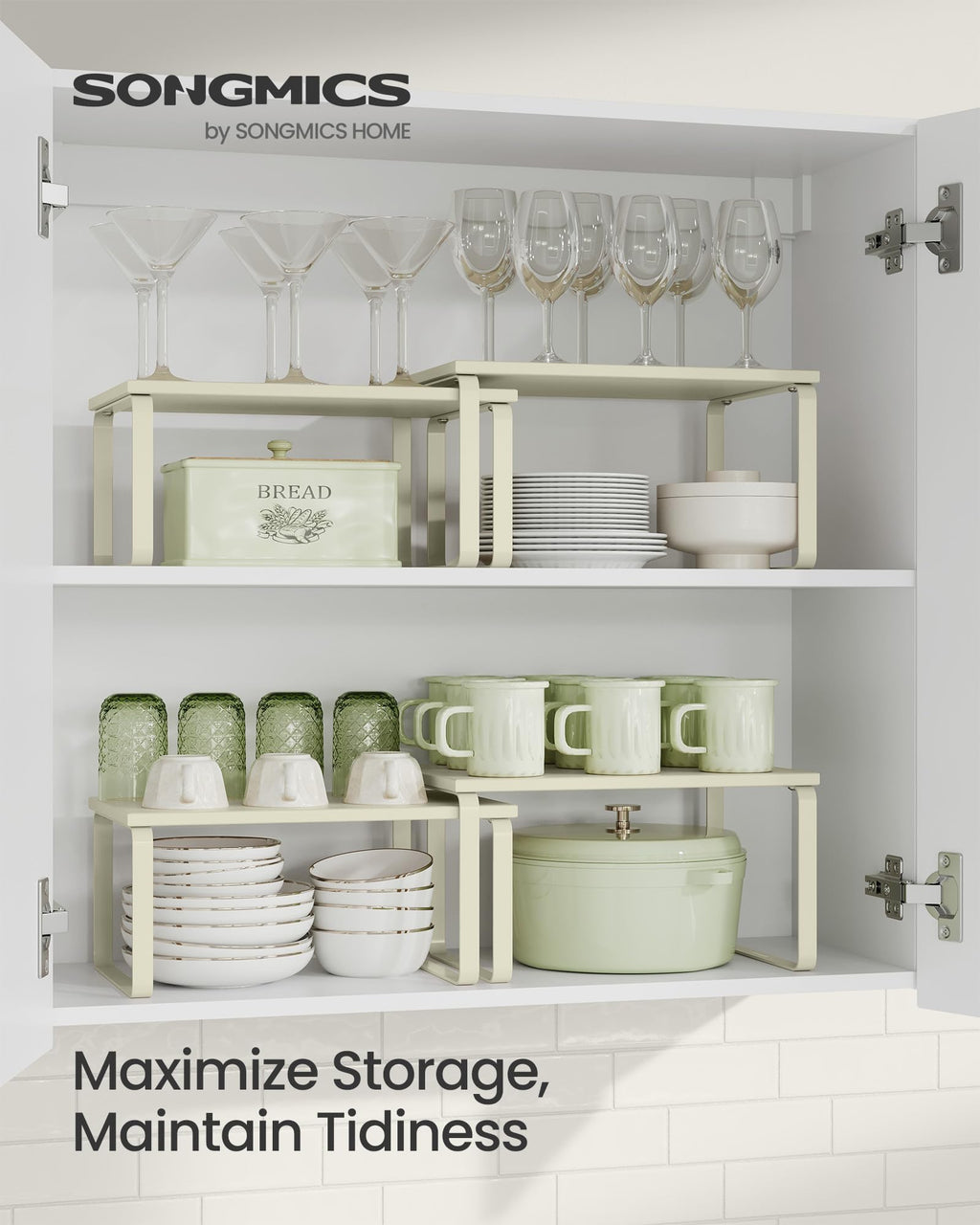 SONGMICS Cabinet Organizer Shelf, Set of 2 Kitchen Counter Shelves, Kitchen Storage, Spice Rack, Stackable, Expandable, Metal and Engineered Wood, 11.7 Inches, Cream White UKCS002W02