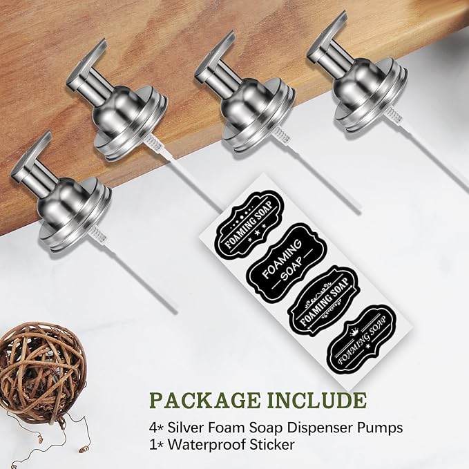 Amolliar Mason Jar Foaming Soap Dispenser Lids, Plastic Foam Pump Lids for Regular Mouth, Foaming Replacement Pump Set, Farmhouse Kitchen BathroomShower, Includes Waterproof Stickers - 4 Pack, Silver