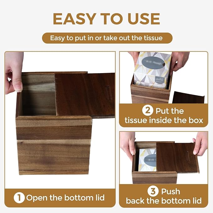 KALEKAIL Wood Tissue Box Cover， Acacia Wood Tissue Box Cover Square, Decorative Cube Facial Wooden Tissue Box Holder with Slide-Out Bottom for Bathroom, Bedroom, Dinner Table, Office, Kitchen