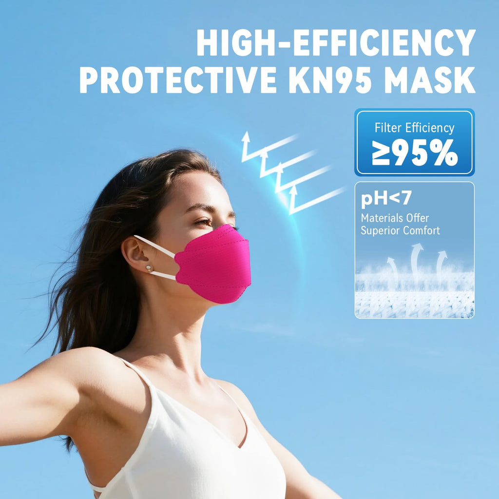 akgk KN95 Face Masks 50 Pack, 5-Ply Disposable Hot Pink Face Mask Against PM 2.5 Smoke and Dust