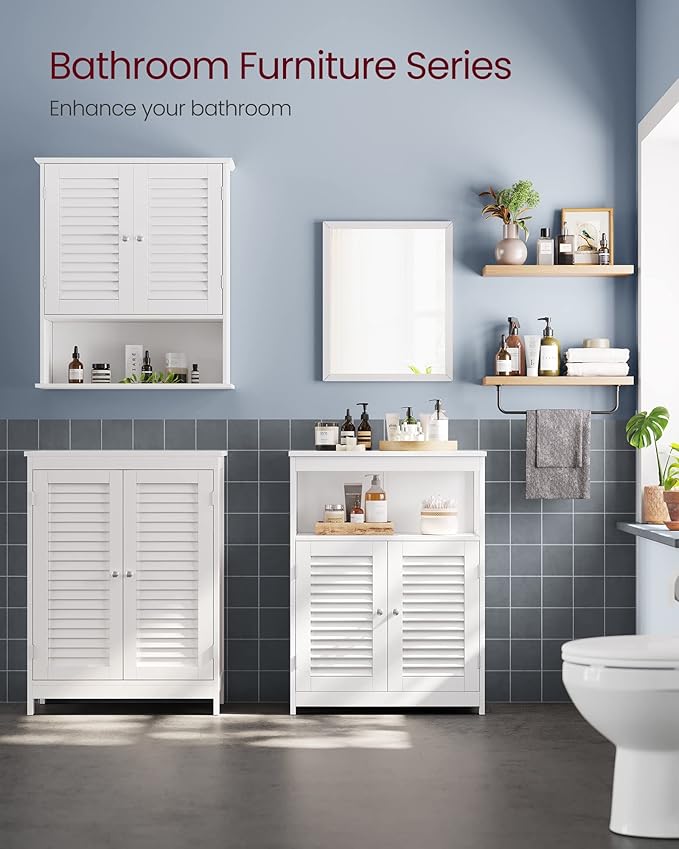 VASAGLE Bathroom Floor Cabinet, Bathroom Storage Cabinet, Freestanding, with Double Shutter Doors and Adjustable Shelf, for Living room, Entryway, Kitchen, White UBBC40WTV1