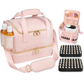 Veirdro Nail Polish Organizer Bag Holds 80 Bottles (15ml/0.5fl.oz)& Nail Lamp, Soft Velvet Nail Kit Storage Carrying Case with Shoulder Strap, Double Layer Nail Supplies Organizer Handbag Women (Pink)