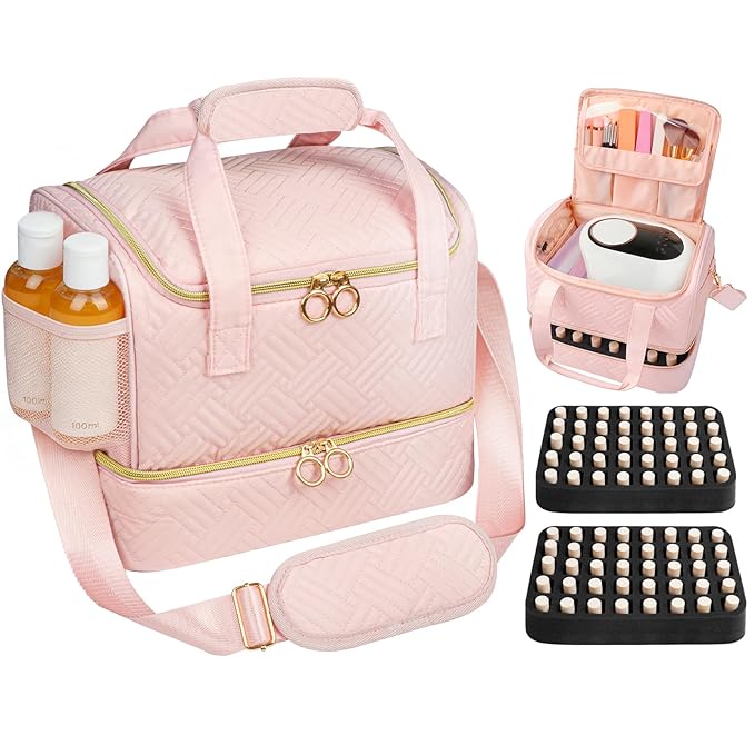 Veirdro Nail Polish Organizer Bag Holds 80 Bottles (15ml/0.5fl.oz)& Nail Lamp, Soft Velvet Nail Kit Storage Carrying Case with Shoulder Strap, Double Layer Nail Supplies Organizer Handbag Women (Pink)