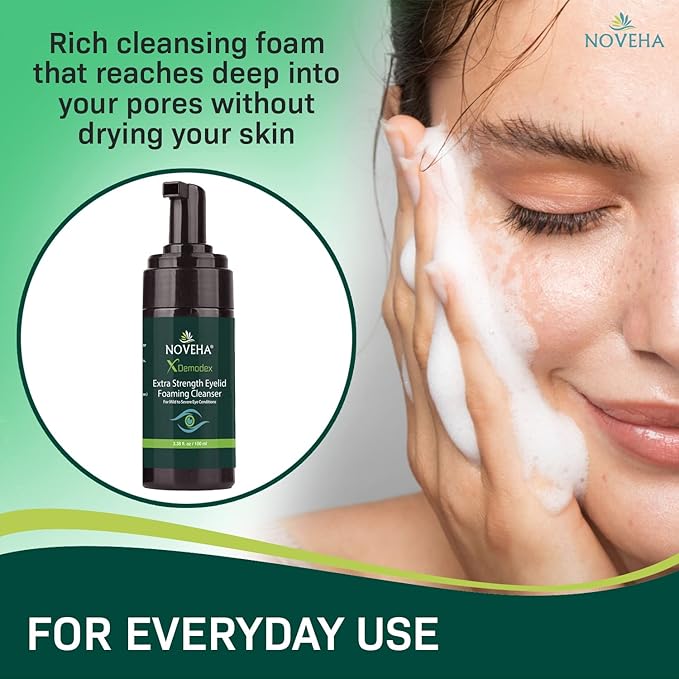 NOVEHA Extra Strength Tea Tree Eyelid & Face Foaming Cleanser – Daily Cleansing Foam with Tea Tree Oil, Coconut Oil, Vitamin E & Pro-Vitamin B5 – For Eyelids, Lashes & Face – 3.38 fl oz (100ml)