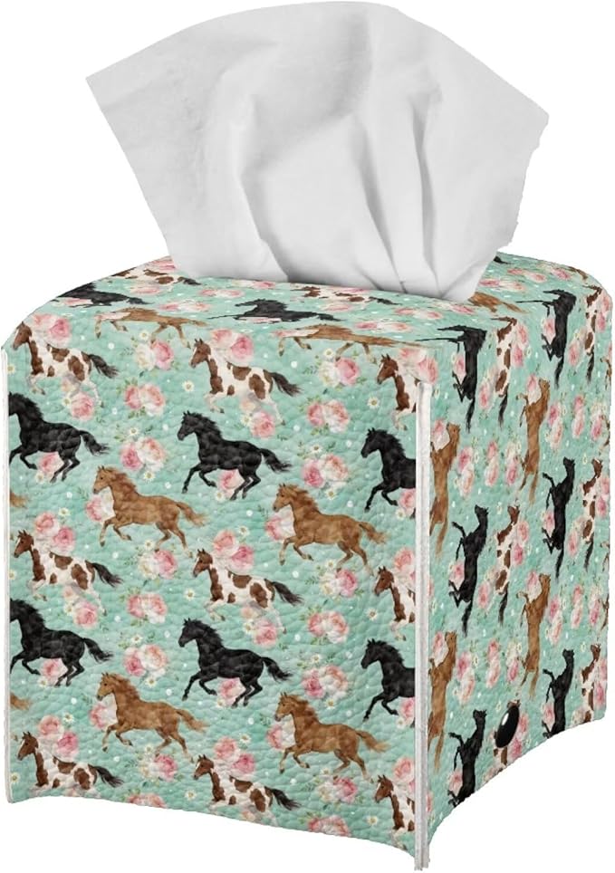 Horses Modern Tissue Box Holder, Waterproof Square PU Leather Napkin Case with Metal Button Closure, Decorative Tissue Cover Organizer for Vanity, Desk, Car, and Living Room