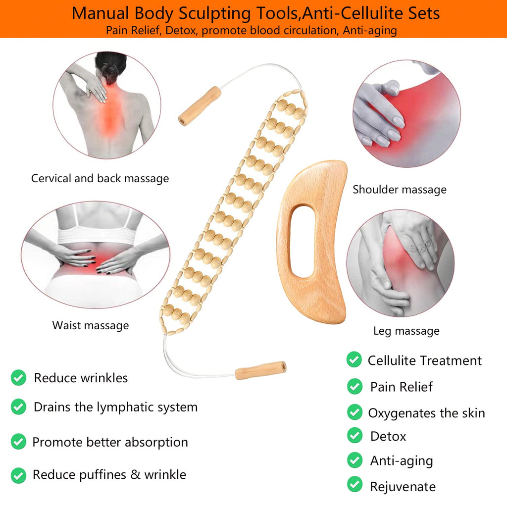 Wood Therapy Massage Tools，Handmade Wood Back Massage Roller Rope Tool,Maderoterapia Kit Body Sculpting Tools for Relax Muscles